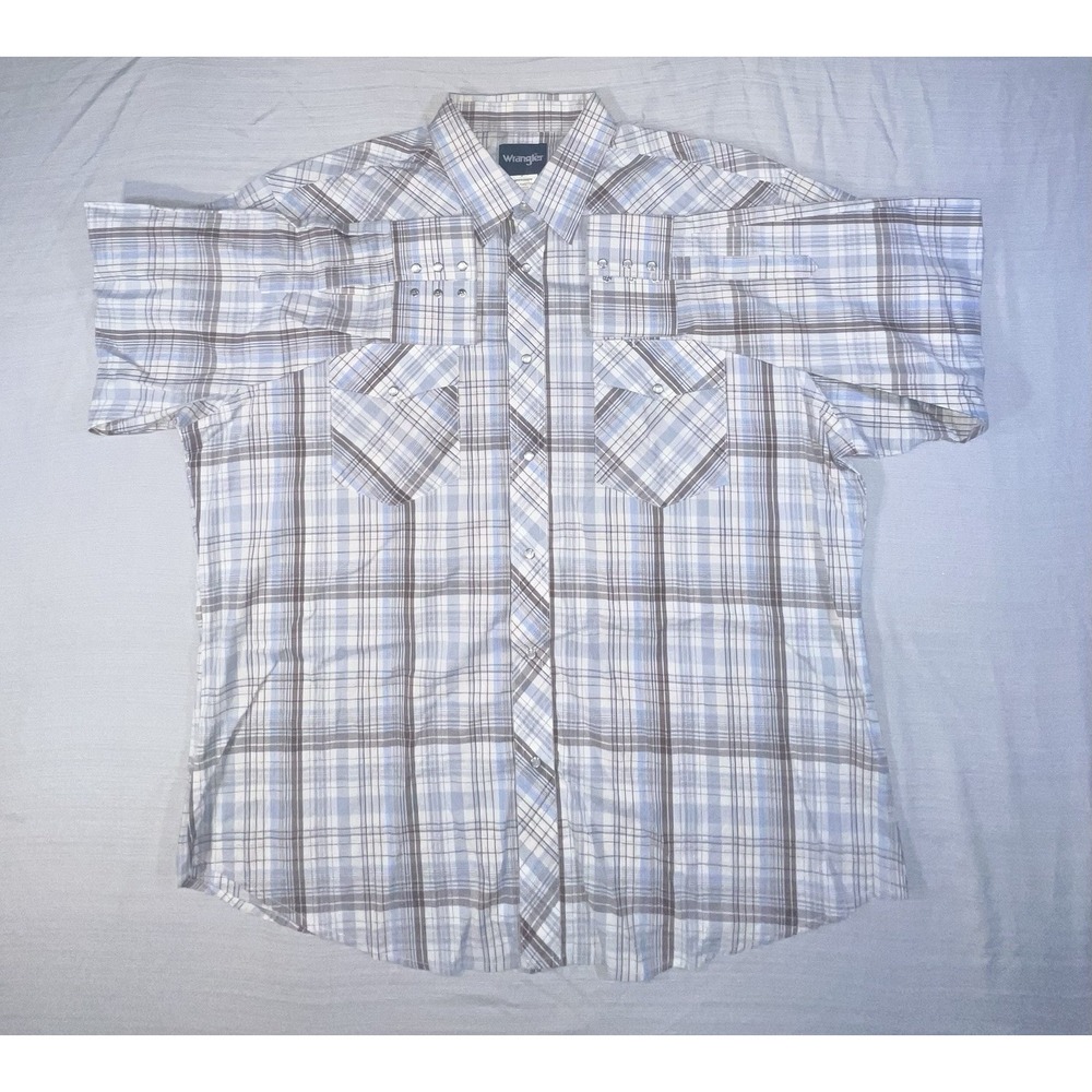 Wrangler Wrancher Shirt Mens 2X Blue Plaid Pearl Snap Chest Pockets Western‎ - Picture 2 of 9